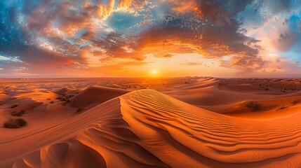 Sunset over the desert of Al Khatim in Abu Dhabi, Emirates. Golden Sand Dune Desert Landscape Panorama. Beautiful sunset over the sand dunes in the Al Khatim in Abu Dhabi, - obrazy, fototapety, plakaty