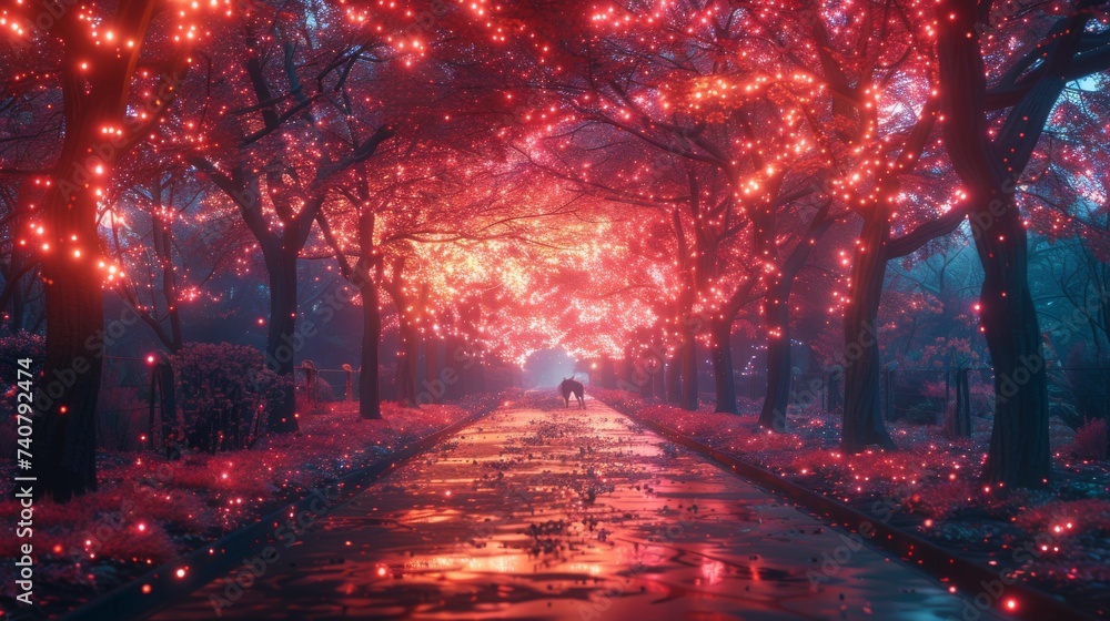 Poster ruby crystals illuminating a hidden forest path where a unicorn gently treads its mane and tail soft