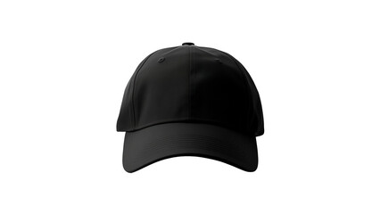 Black baseball cap cut out front view. Isolated cap mockup on transparent background - obrazy, fototapety, plakaty