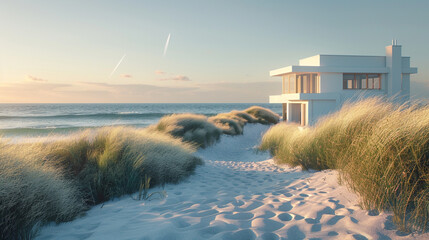 A coastal beach house with a white exterior, the sunlight dancing on the rippling waves in the background, the details of the sandy path leading to the entrance crystal clear. - obrazy, fototapety, plakaty