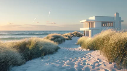 Gardinen A coastal beach house with a white exterior, the sunlight dancing on the rippling waves in the background, the details of the sandy path leading to the entrance crystal clear. © Dani Shah