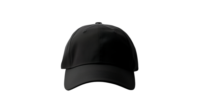 Black baseball cap cut out front view. Isolated cap mockup on transparent background