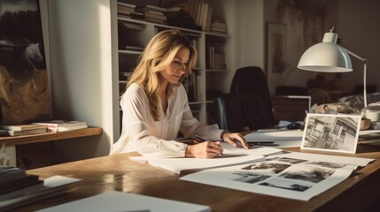 An interior designer, a beautiful middle-aged woman sits at a desk and examines projects, diagrams, photographs of rooms after renovation. - obrazy, fototapety, plakaty