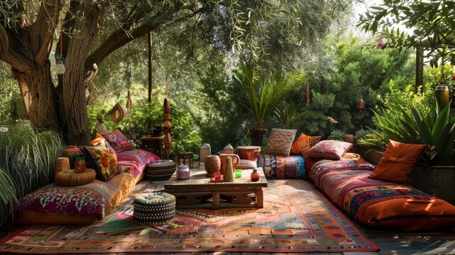A Bohemian-inspired outdoor patio with colorful rugs, floor cushions, and a low-slung table for relaxed gatherings