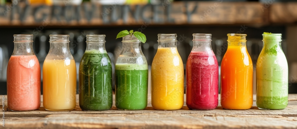 Aufkleber vibrant array of colorful healthy smoothies in various glass bottles for refreshment and nutrition c