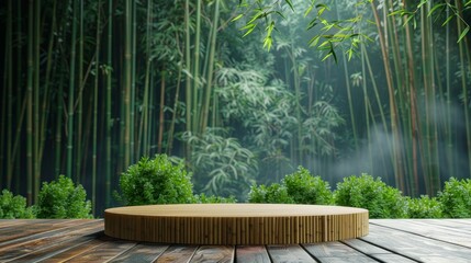 Wooden podium in a serene bamboo forest setting with sunlight filtering through, ideal for peaceful...