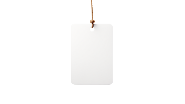 White price tag with rope cut out. Isolated white sale price label on transparent background