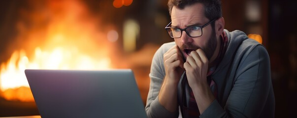 Stressed man in glasses reacts to technical glitch on laptop screen. Concept Technology Frustration, Technical Difficulties, Stressed Expression, Man in Glasses, Laptop Glitch - obrazy, fototapety, plakaty