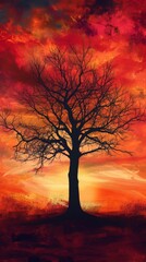 A Painting of a Tree With a Red Sky in the Background