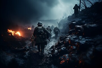 Armed soldiers walking through muddy trenches in war