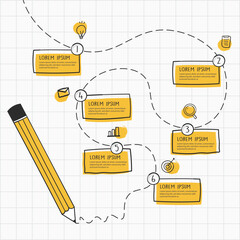 Infographic hand drawn professional steps With Pencil Yellow Color. Vector illustration.