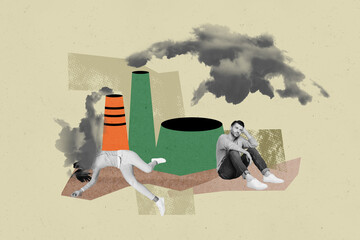 Collage man sit sad fabric manufacture station air pollution chimney toxic air emissions dirty...