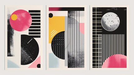 Obraz premium Sleek, cutting-edge posters featuring geometric designs and abstract compositions, influenced by brutalism and presented in monochromatic tones.