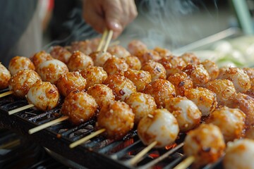 Savory grilled fish balls commonly found in Thai street vendors.
