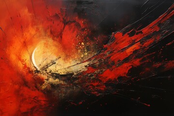 Dynamic abstract painting with explosive red and black hues evoking cosmic energy. - obrazy, fototapety, plakaty