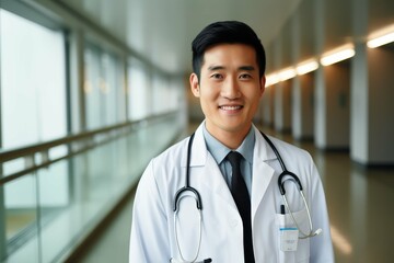 Confident Asian doctor in a hospital corridor.