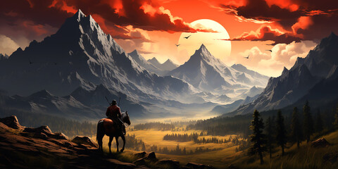 Relaxed cowboy riding his horse Illustration of a cowboy galloping on horseback at a rodeo on a background of mountains, river, sunlight and nature for your design. - obrazy, fototapety, plakaty