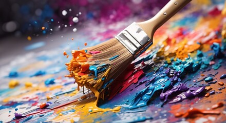 Fototapeta premium A paintbrush with vibrant colors on wall