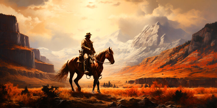 Relaxed cowboy riding his horse Illustration of a cowboy galloping on horseback at a rodeo on a background of mountains, river, sunlight and nature for your design.