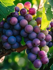 Lush purple and green Grapes Growing in a Cluster on the Vine.