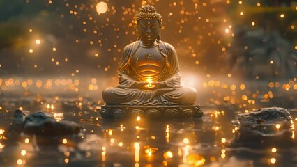 Buddha meditating among lotus flowers on water. Sparkling lights calm meditation landscape. Sparkling lights. Buddhism,buddhist monk statue religious video 4k beauty