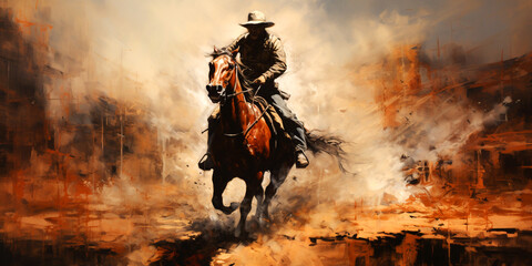 Cowboys and Horses A Wild West Themed Illustration. drawing of a horseman sitting on a horse in front of a beautiful sunset background with a valley and nature. western scenery