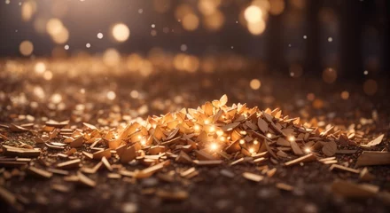 Deurstickers Wood chips scattered across the ground © MochSjamsul