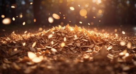 Wood chips scattered across the ground