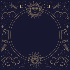 Astrology frame or mystic tarot border with magic bohemian pattern, vector background. Tarot cards, esoteric astrology and witchcraft magic frame with symbols of sun and moon or stars constellations - 740795417