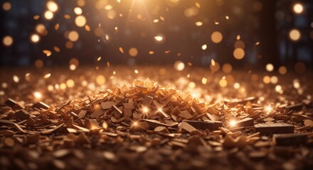 Wood chips scattered across the ground