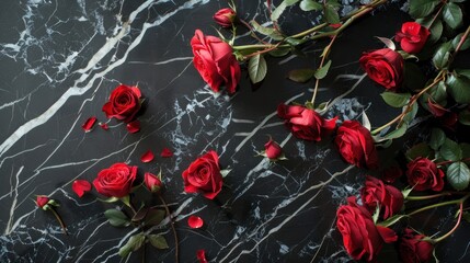 Beautiful floral decoration concept of roses on black ceramic background. AI generated image