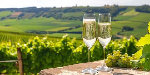 Sampling exquisite first growth effervescent white wine with bubbles, champagne overlooking verdant pinot noir meunier vineyards in France. - obrazy, fototapety, plakaty