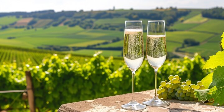 Sampling exquisite first growth effervescent white wine with bubbles, champagne overlooking verdant pinot noir meunier vineyards in France.