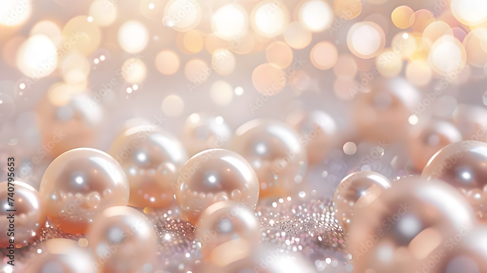 Wall mural beautiful group of shiny pearls on soft background with sparkles and light beams with copy space. wh