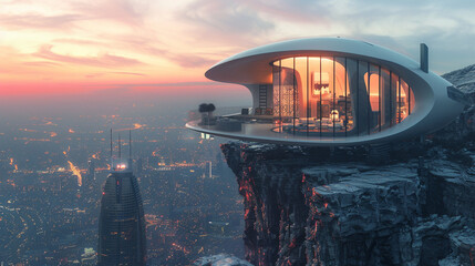 A futuristic, pod-shaped dwelling on a rocky cliff, offering panoramic views of a sprawling...