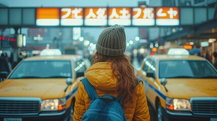 A traveler is awaiting a cab outside Tokyo airport in Japan. - obrazy, fototapety, plakaty