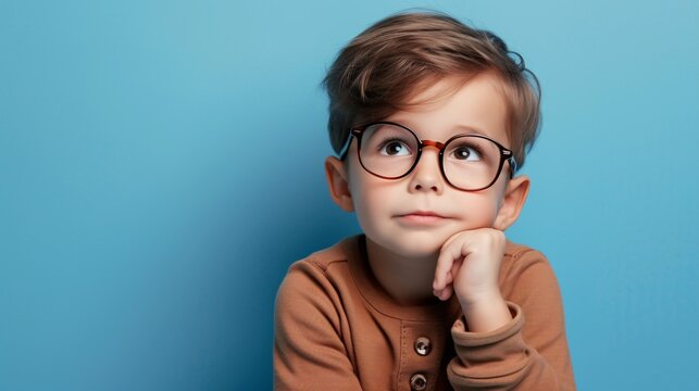 Caring young boy wearing spectacles on vibrant backdrop.