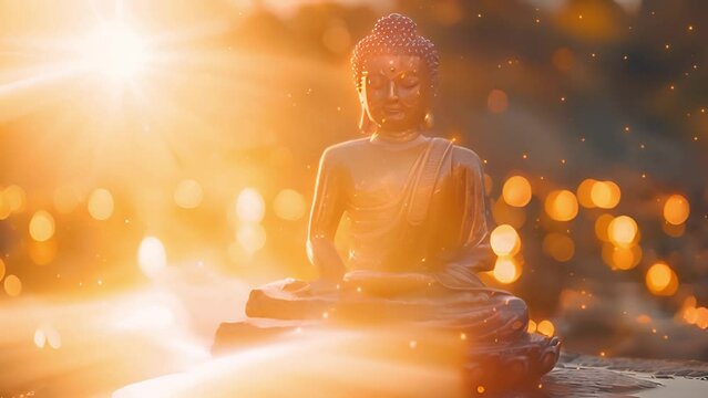 Buddha meditating among lotus flowers on water. Sparkling lights calm meditation landscape. Sparkling lights. Buddhism,buddhist monk statue religious video 4k beauty