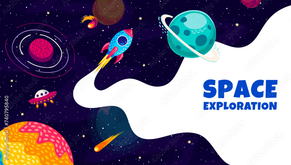Poster space rocket with chemtrail on galaxy space between planets and stars. space research, galaxy travel