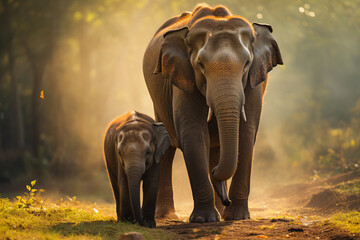Family of Asian Elephants Walking Together in the Fire