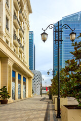A stunning view of contemporary buildings in Tashkent Downtown, close to Tashkent City Park.