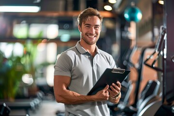 Fototapeta premium A determined man dressed in athletic clothing stands outside a modern gym, clipboard in hand, ready to tackle the array of exercise equipment inside