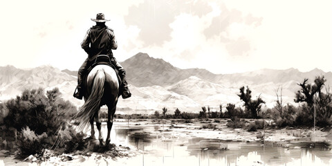 Black and white drawing of a horseman sitting on a horse in front of a beautiful sunset background with a valley and nature. Western scenery and cowboys Hot desert with cowboys - obrazy, fototapety, plakaty