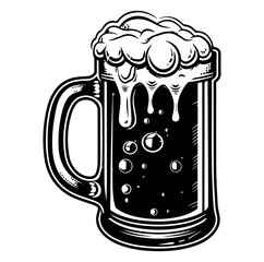 Beer in glass mug with foam. Hand drawn illustration