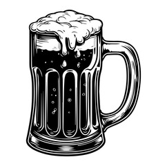 Beer in glass mug with foam. Hand drawn illustration