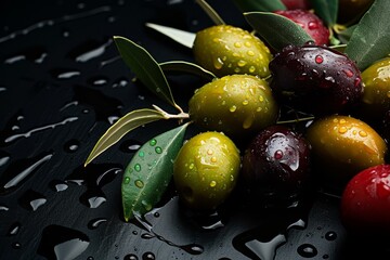 Glistening fresh olives on a branch with water droplets, against a dark backdrop.