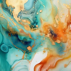 Abstract fluid art with a swirling mix of blue, gold, and orange colors.