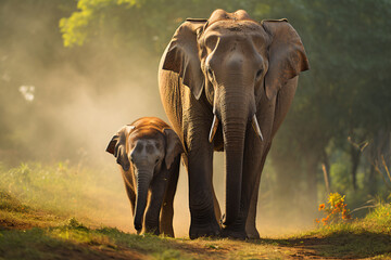 Family of Asian Elephants Walking Together in the Fire