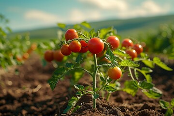 Sun-kissed tomato plants with ripe fruit in a fertile field under a clear sky