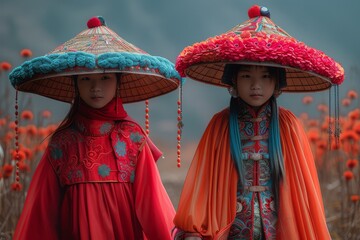 Two children in traditional ornate attire with elaborate hats against a red floral backdrop